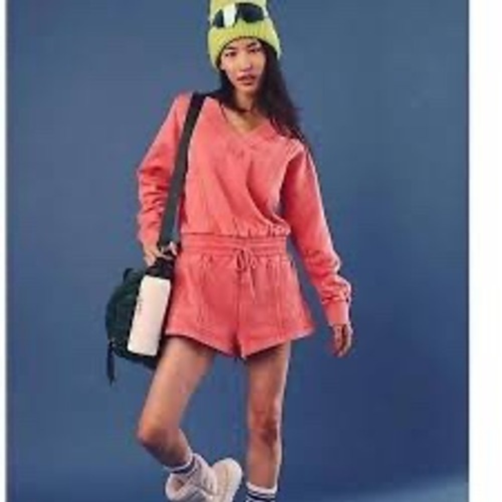 Free People Movement Intercept Romper Pink Long Sleeve Fleece V-Neck XL